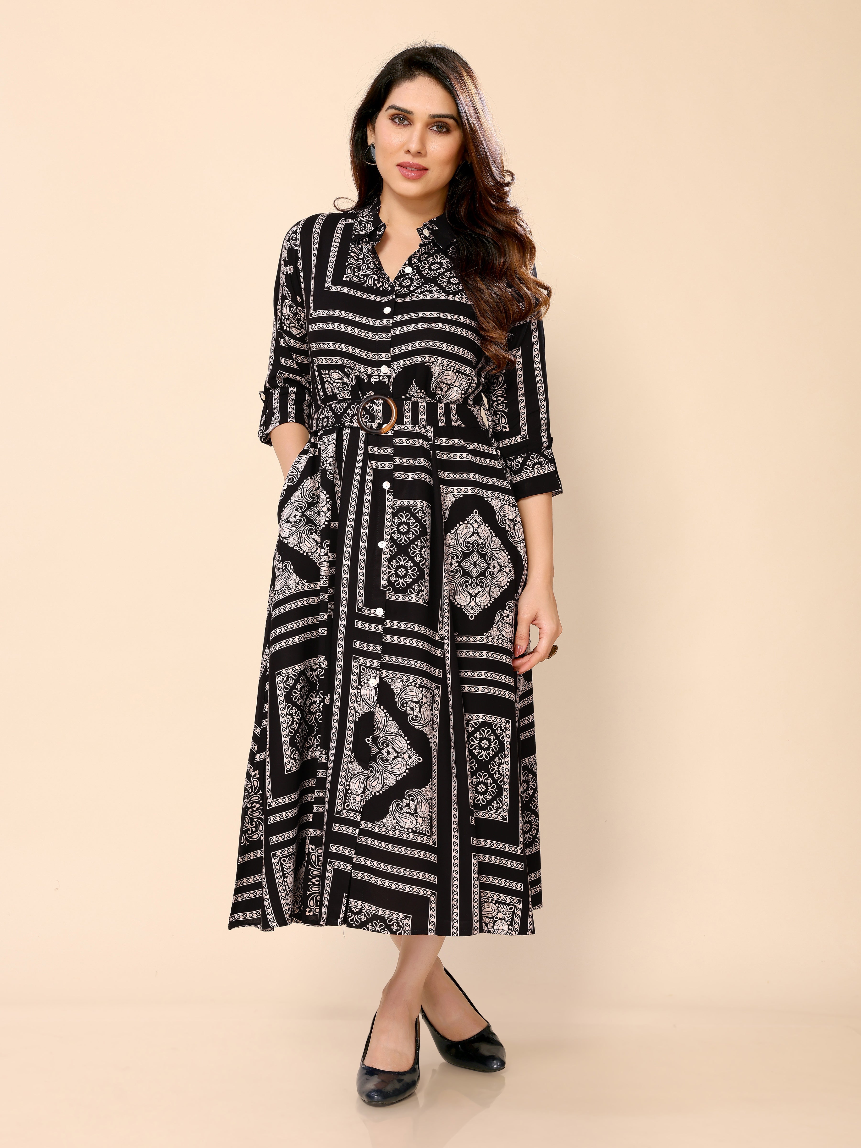 Black Cotton Abstract Print Gown One Piece Dress